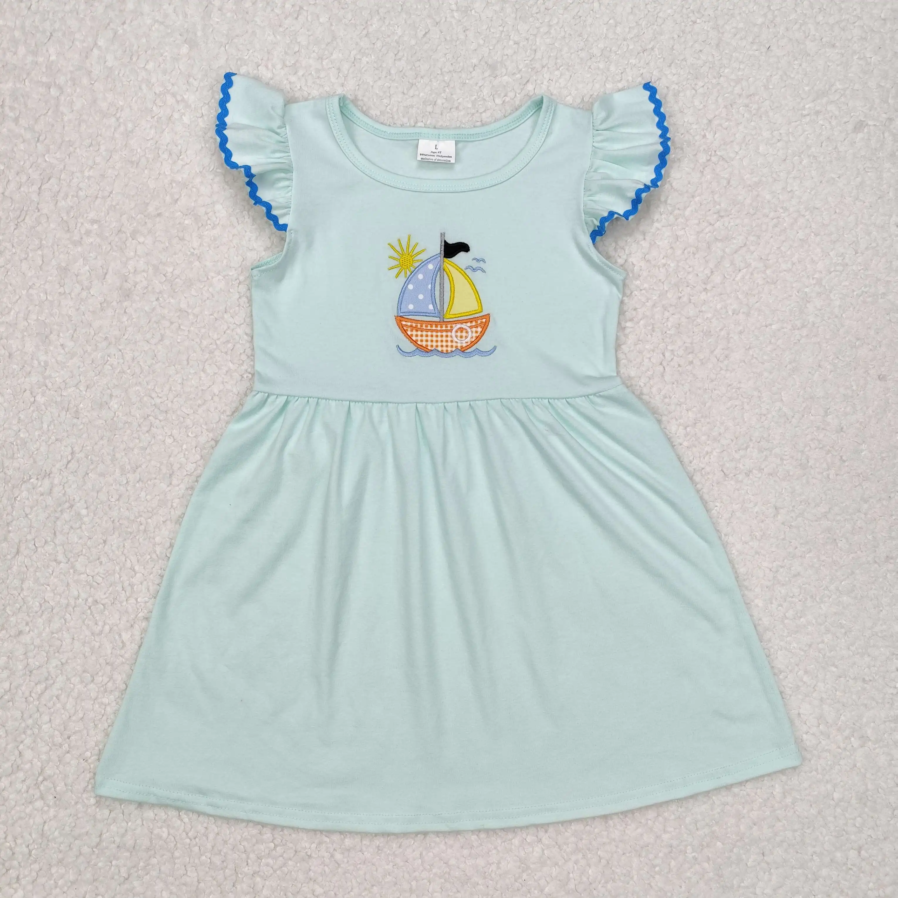 New rts baby girls summer dress wholesale boutique embroidered sailboat girls fashion short sleeve cyan dress