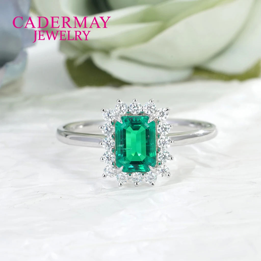 Cadermay 925 Silver Lab Colombian Green 5x7mm Emerald Cut Emerald Halo Moissanite Engagement Ring Emerald Ring For Women Gift