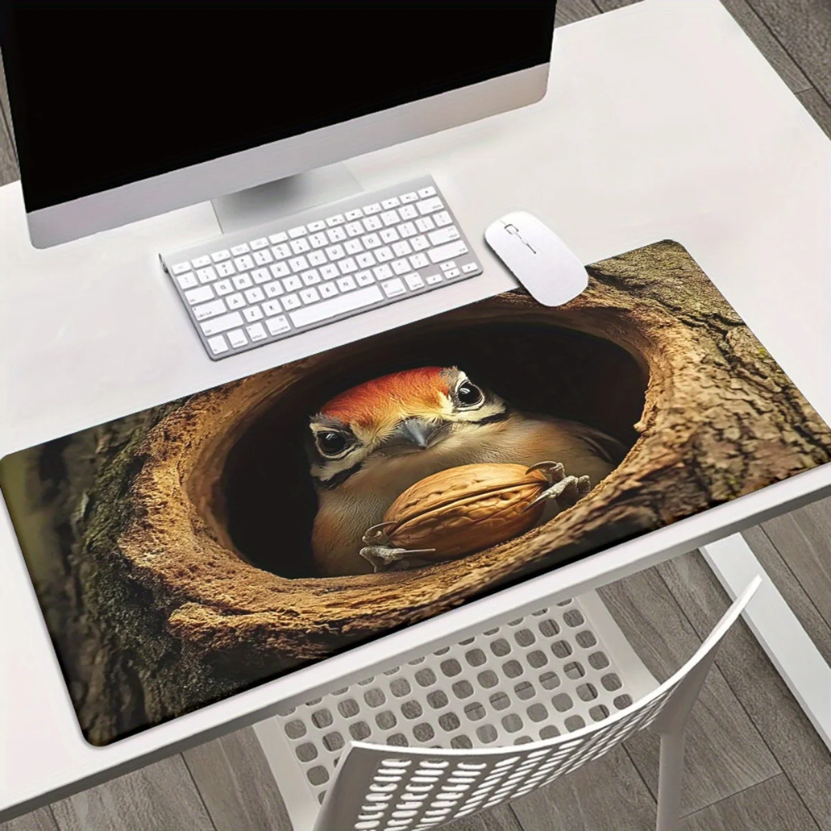 1pc Woodpecker in Tree Hole Design Mouse Pad - Non-Slip Rubber Base Gaming & Office Desk Mat with Vivid Nature Artwork, Durable