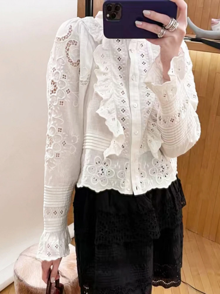 

Early Spring Sweet Three-Dimensional Embroidery Ruffled Hollow Long Sleeve White Shirt Tops