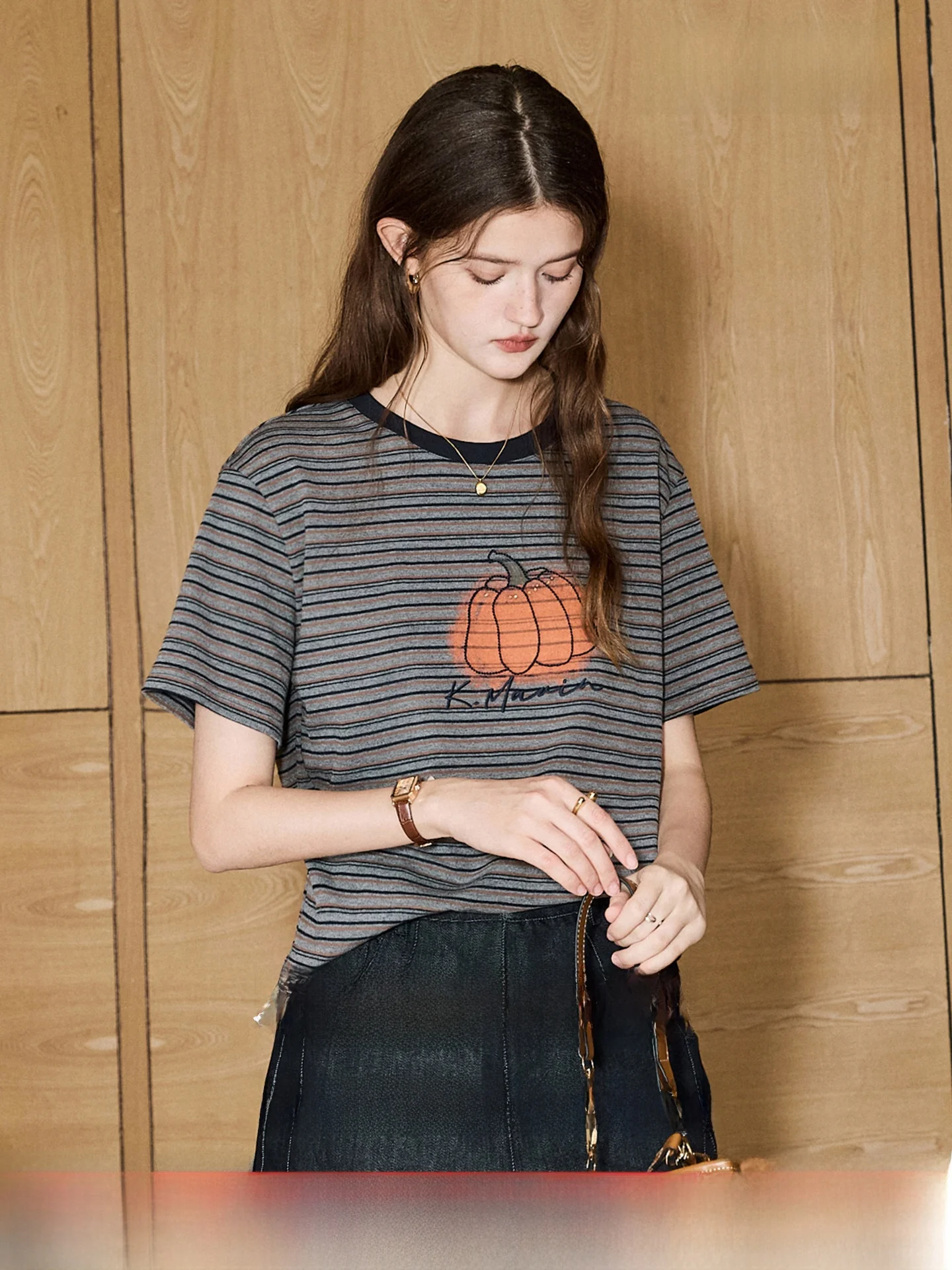 KuHNMaVi Heavyweight Short Sleeve T-Shirt Women's Pumpkin Stripe Student Top Casual Knitted Fabric Spring Summer New Arrival
