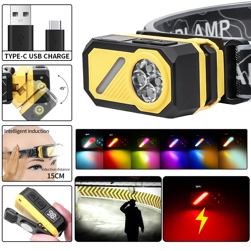 

LED Induction Headlight Multi-light Source Portable Running Light Cap Clip Magnet RGB Ambient Light Digital Display Headlight