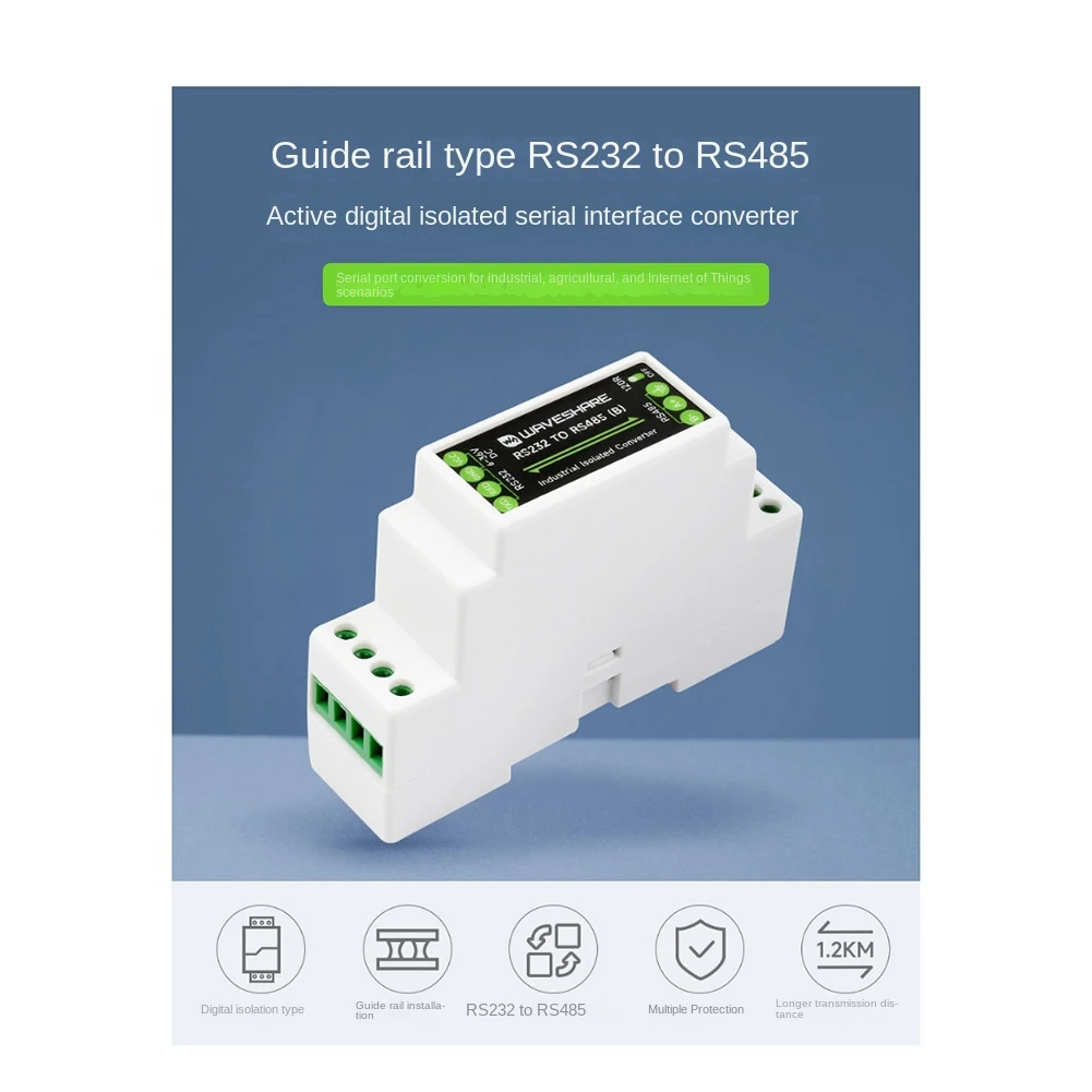 Waveshare-tipo industrial conversor do trilho, isolamento ativo de Digitas, tensão larga, RS232 a RS485, 300-115200Bps