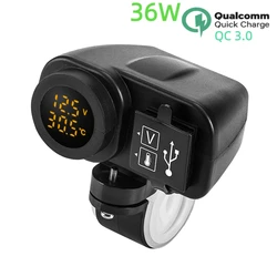 QC3.0 USB Charger Motorcycle Quick Charge Temperature Display Motorcycle Phone Charger 12V 24V Cigarette Lighter Adapter Socket