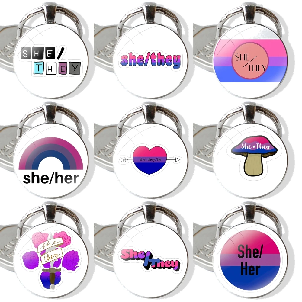 Keychain Handmade Glass Cabochon Key Ring Holder Pendant Key Chains She They Pronoun Sticker Bi Pride