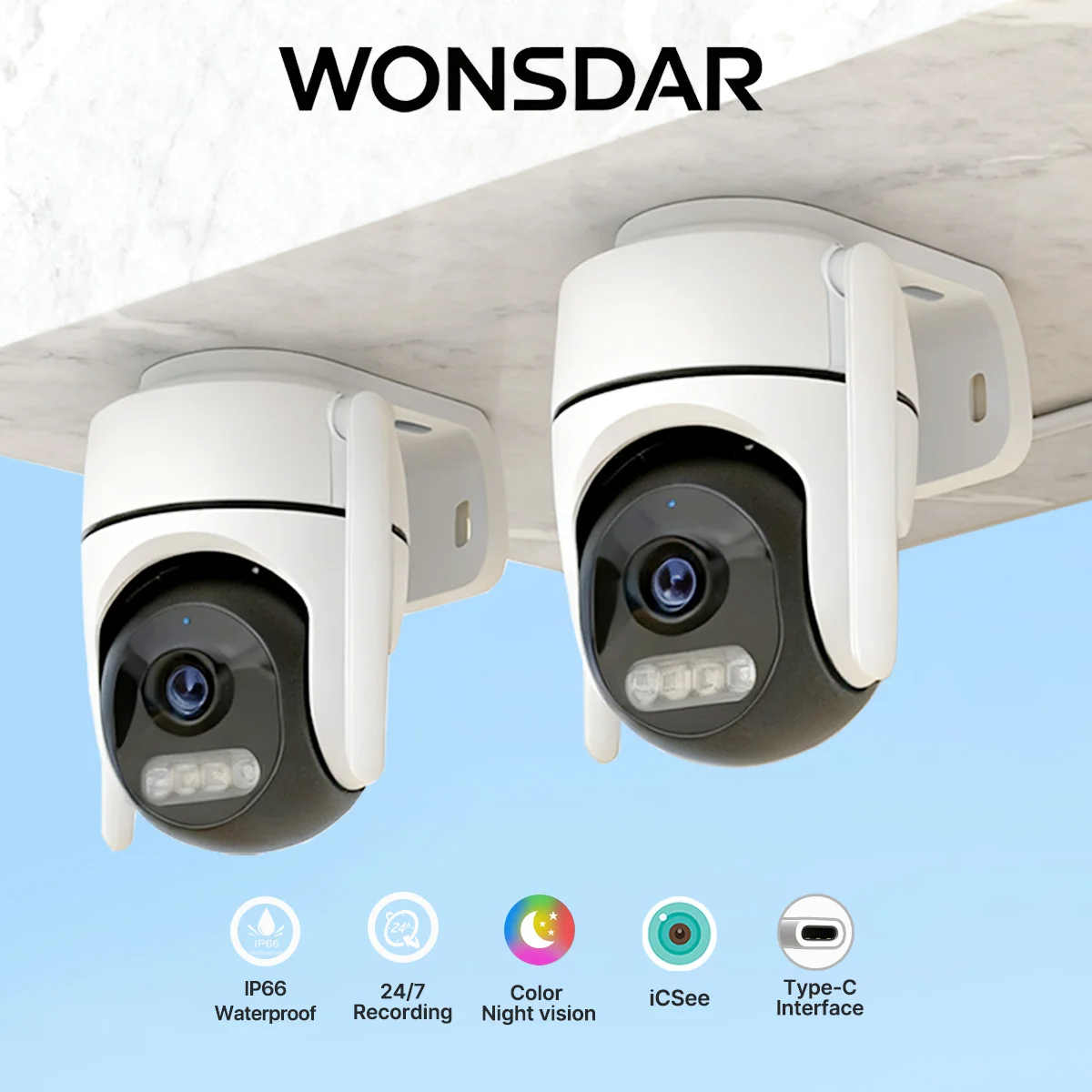 WONSDAR 2 قطعة كمية HD WIFI IP كاميرا Type-C واجهة الذكية للرؤية الليلية 2-Way الصوت تصنيف IP66 مراقبة الأمن iCsee #1