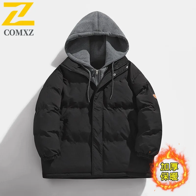 COMXZ Mens Hooded Layered Jacket Trendy Brand Cotton-Padded Coat Waterproof Windproof breathable lightweight windbreaker 2025