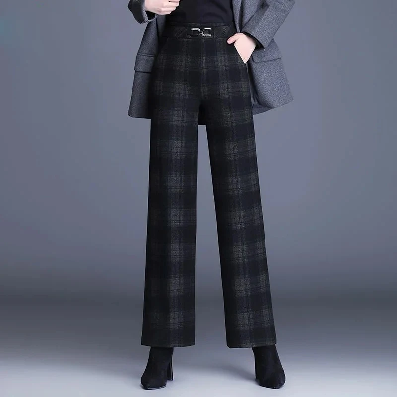 

Широкие брюки с высокой талией в клетку из шерсти, женские, свободного кроя, прямые, повседневные, узкая версия, осень-зима, новинка для женщин среднего возраста...