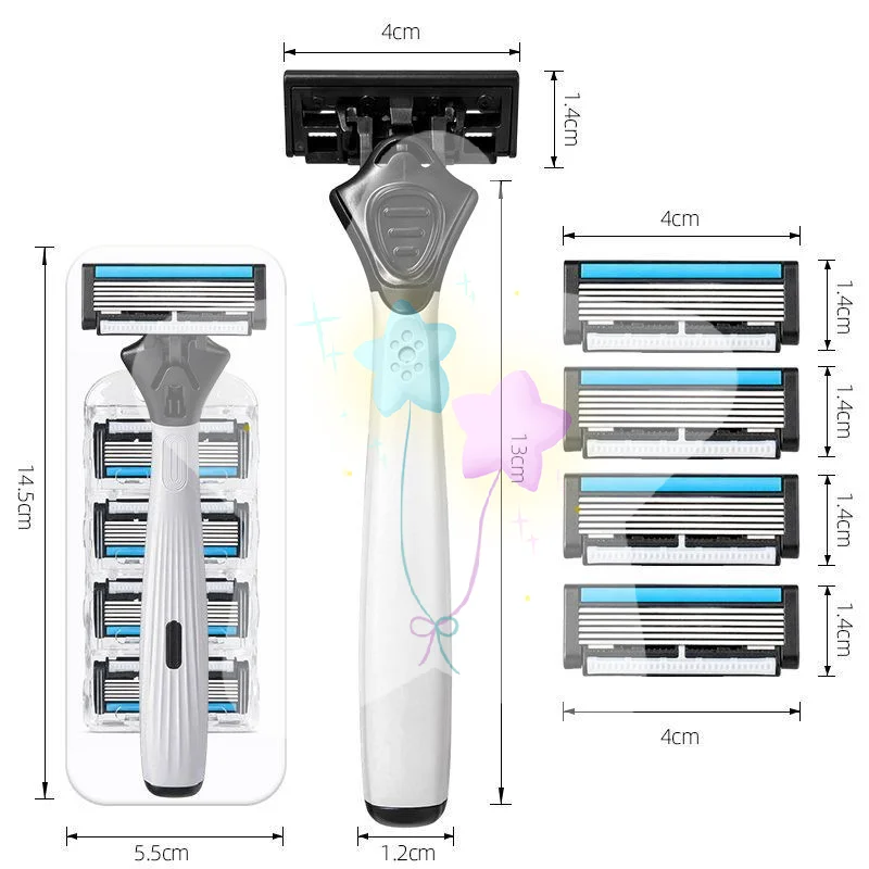 6 Blade Manual Men's Shaving Razor Non-Slip Grip Handle 4 Refills for Smooth Shave Home Travel Use