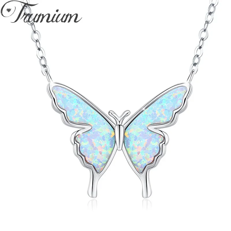 Trumium Butterfly Necklace Opal Jewelry Pendant Necklaces for Women Silver White Gold Plated Gift for Girlfriend 19''