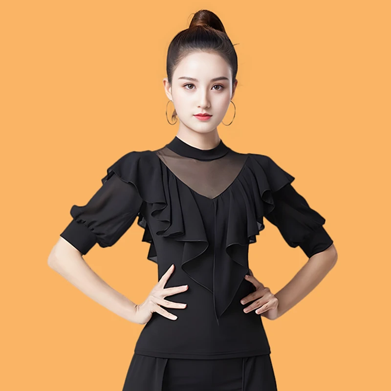 

Summer Ballroom Dance Costume Black Tops Ruffle Tango Dance Practice Wear Adult Women Waltz ChaCha Latin Dance Clothes YS4887