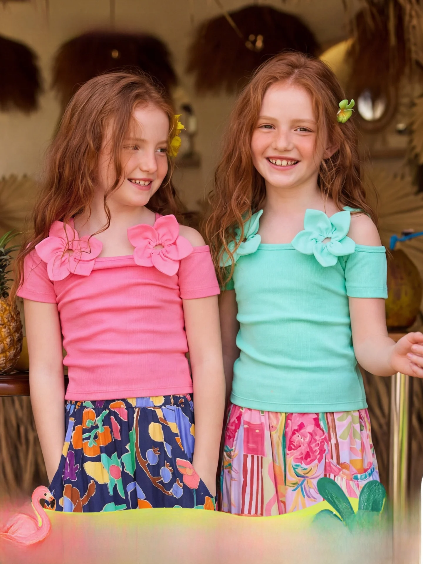 girls-summer-strap-vest-one-shoulder-floral-print-short-sleeve-outerwear-cotton-polyester-blend-breathable-sweat-absorbent-sl