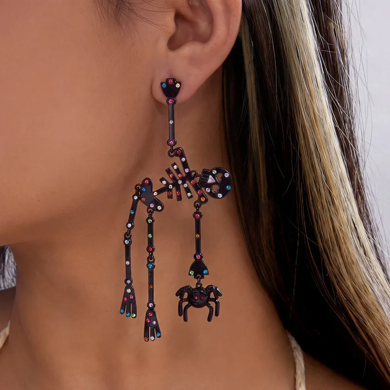 1 Pair Dark Gothic-style Diamond-studded Dazzling Skull Earrings with Extremely Exaggerated and Irregular Skeletal Ear Ornaments