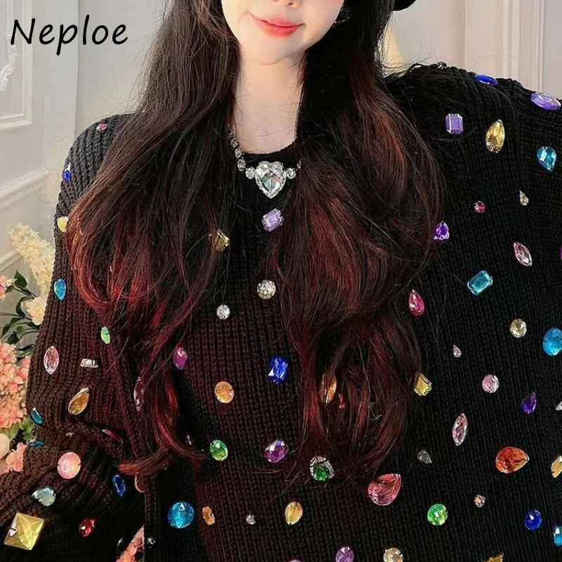 Neploe Autumn O Neck Solid Color Long Sleeve Pull Femme Vintage Knitted Pullover Sweater Y2k Diamonds Loose Casual Jumpers