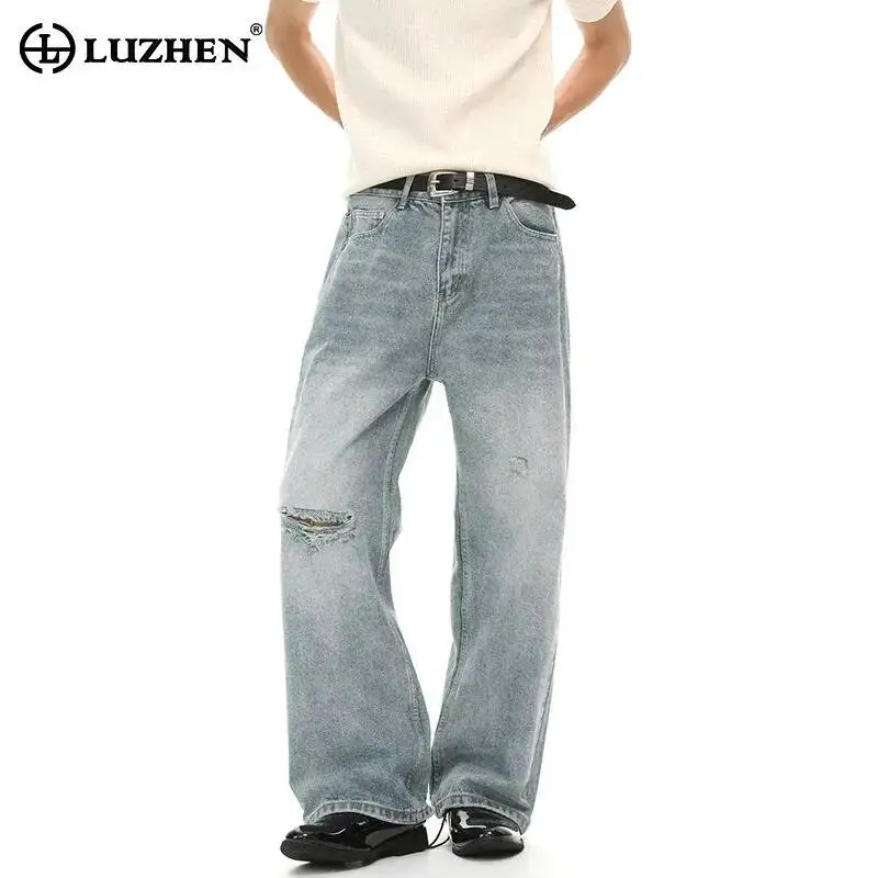 LUZHEN 2026 Summer New Fashion Broken Hole Burr Gradient Washed Straight Jeans Men's Handsome High Quality Denim Pants JY7762