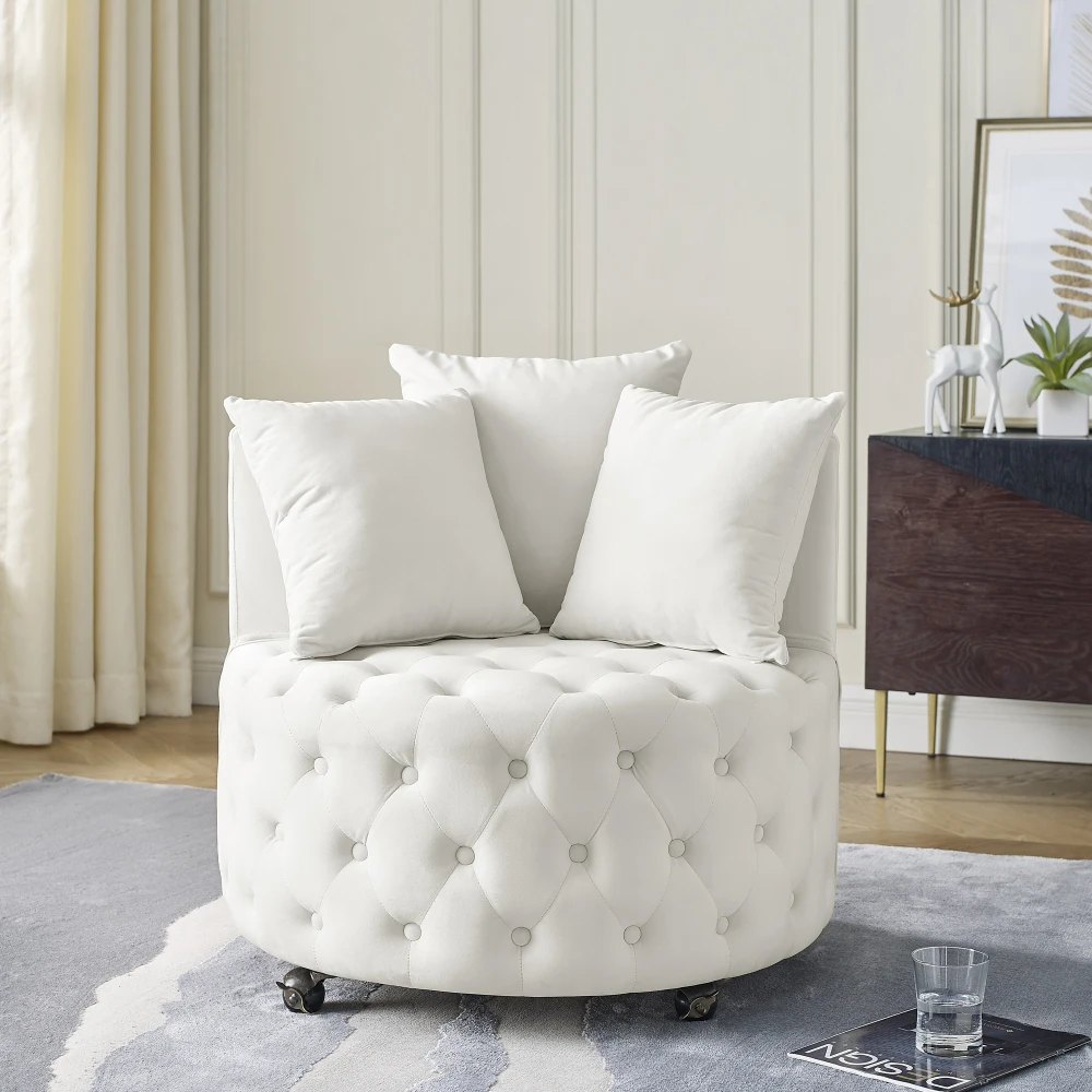 

Velvet Upholstered Swivel Chair for Living Room, with Button Tufted Design and Movable Wheels, Including 3 Pillows