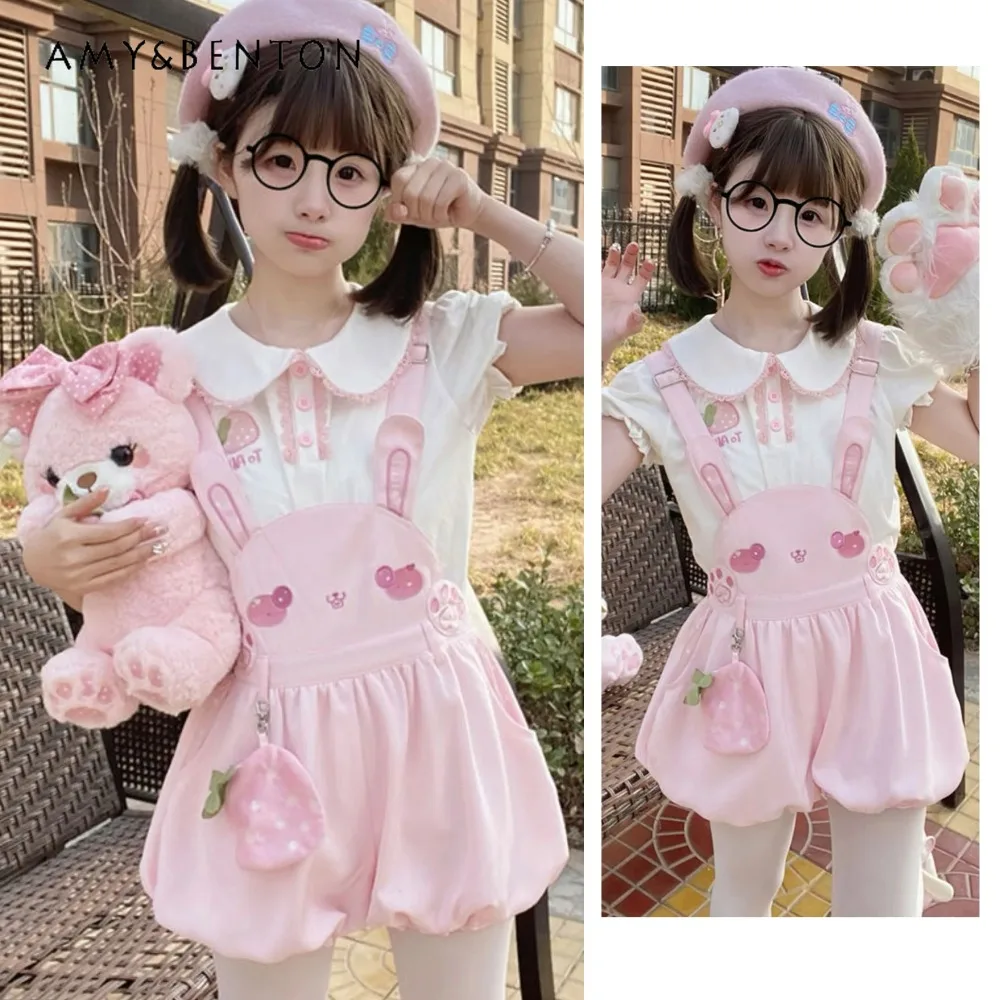 

2025 Summer New Cute Doll Collar White Printed Shirt Soft Girl Pink High Waist Bloomers Casual Girly Style Strap Shorts Set
