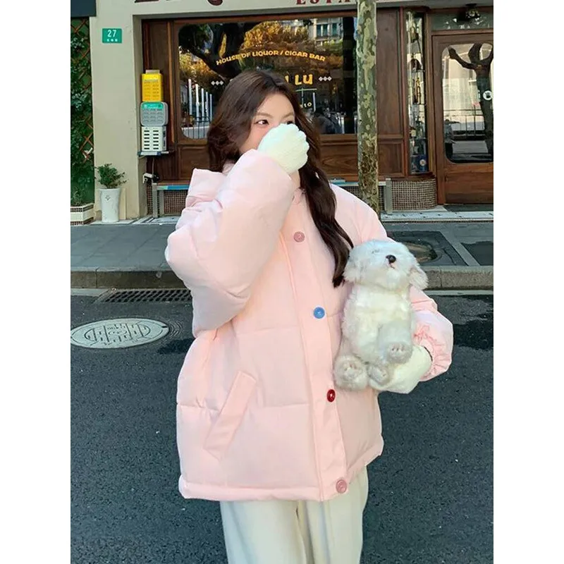 

Winter Women Chic Pink Parkas Loose Long Sleeve Colors Buttons Sweet Puffy Coat Korean Fashion Thick Warm Preppy Style Jacket