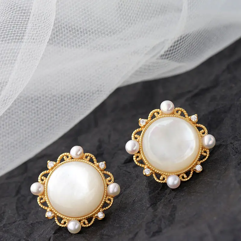 

Inlaid Natural White Shell and Freshwater Pearl 18K Gold Plated Earrings Elegant lace-like pattern 925 Sterling Silver Earring