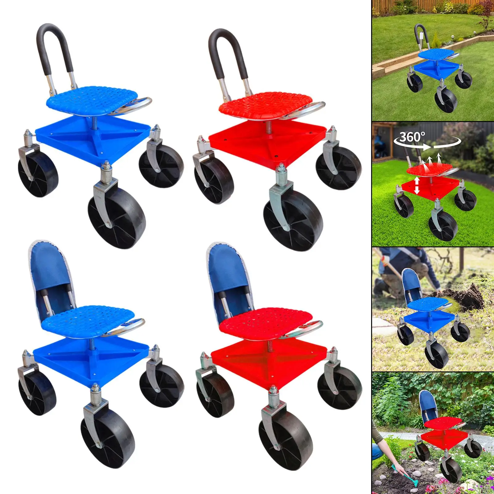 

Garden Trolley Rolling Seat Woven PP Seat Height Adjustable for Gardener Planting Lawn Care Farm Car Repair House Cleaning