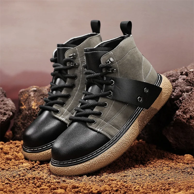 Botas de motorista con cordones para hombre, zapatos de trabajo de alta calidad, con punta redonda, informales, originales, para senderismo al aire libre, gran oferta, Invierno