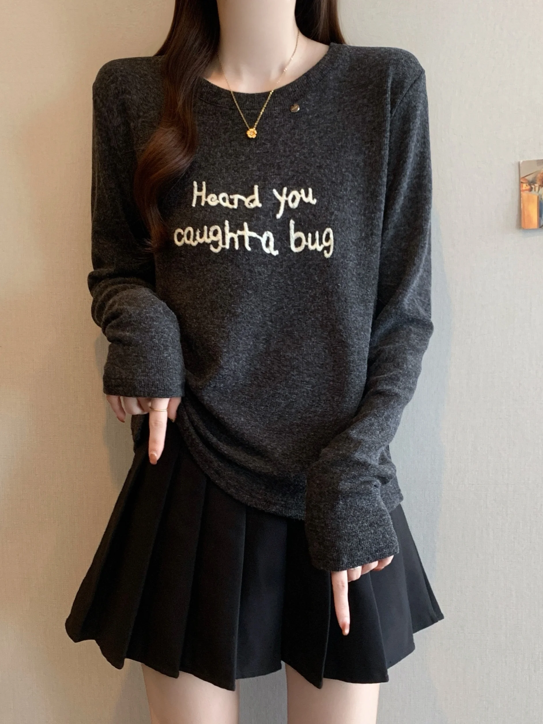 

Женская футболка больших размеров с длинным рукавом, на флисовой подкладке, с вышивкой, приталенная, базовая, в стиле принцесс, для ношения под одеждой, топ