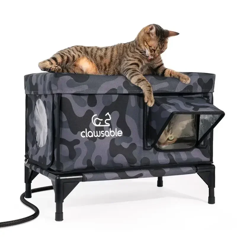 Clawsable Heated Cat House for Outside in Winter, Waterproof, Safe Escape Door, Insulated Outdoor Feral Cat Shelter w/Heater