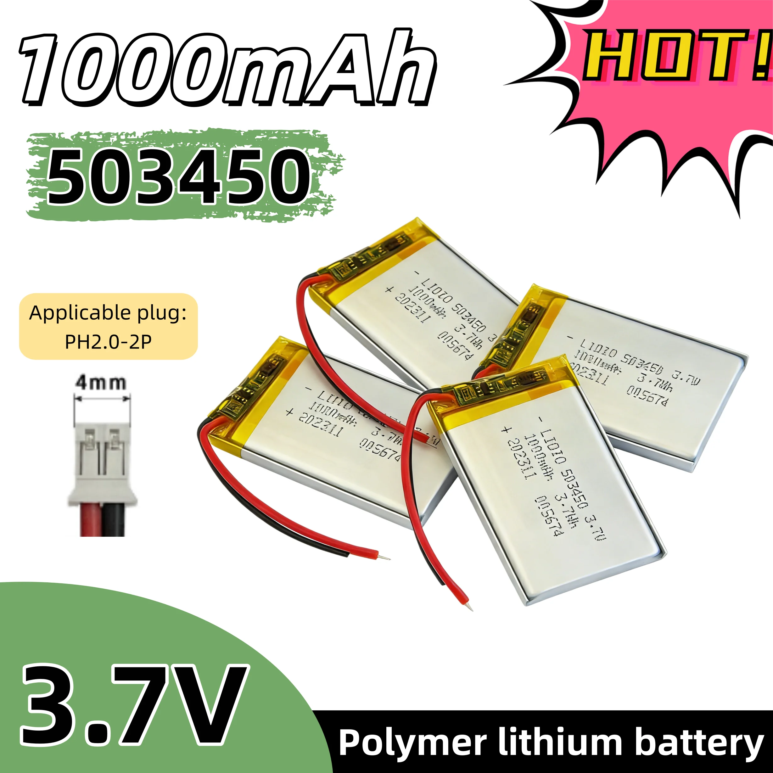 1. 3.7V 1000mAh 503450/523450 Rechargeable Polymer Battery with PH2.0-2P Plug for GPS, Smartphone, DVD, MP5
