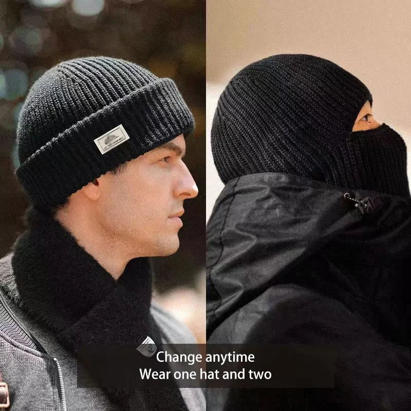 2In1 Mask Beanies Hat Men Winter Balaclava Hats Knitted Hats Fashion Full Face Ski Bonnet Tactical Cycling Earmuffs Cap Knitted