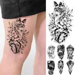 Waterproof Temporary Tattoo Stickers Fox Lion Tiger Wolf Peony Rose Flowers Leaf Flash Tatto Women Men Body Art Arm Fake Tattoos