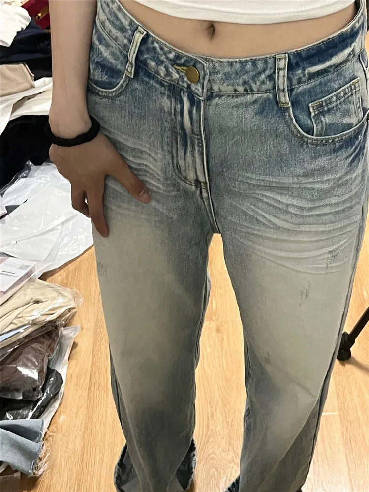 

High Waist Pleated Light Blue Straight Leg Jeans Women's Spring Autumn Long plus Size Floor Length Pants