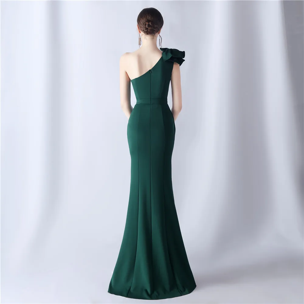 DEERVEADO One Shoulder Soft Satin Evening Dress for Woman Sexy Slit Party Maxi Dress Candy Color Formal Dress Long