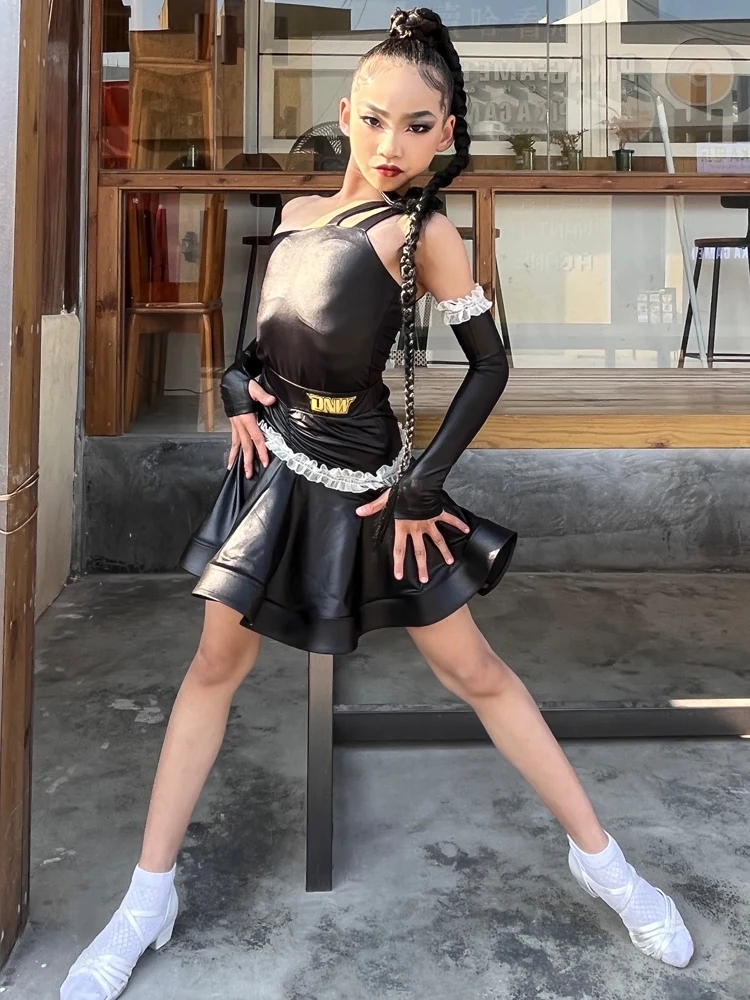 Black Leather Latin Dance Costume Rumba Samba Performance Wear Bodysuit Skirt ChaCha Dancing Stage Outfit Practice Wear DL11559