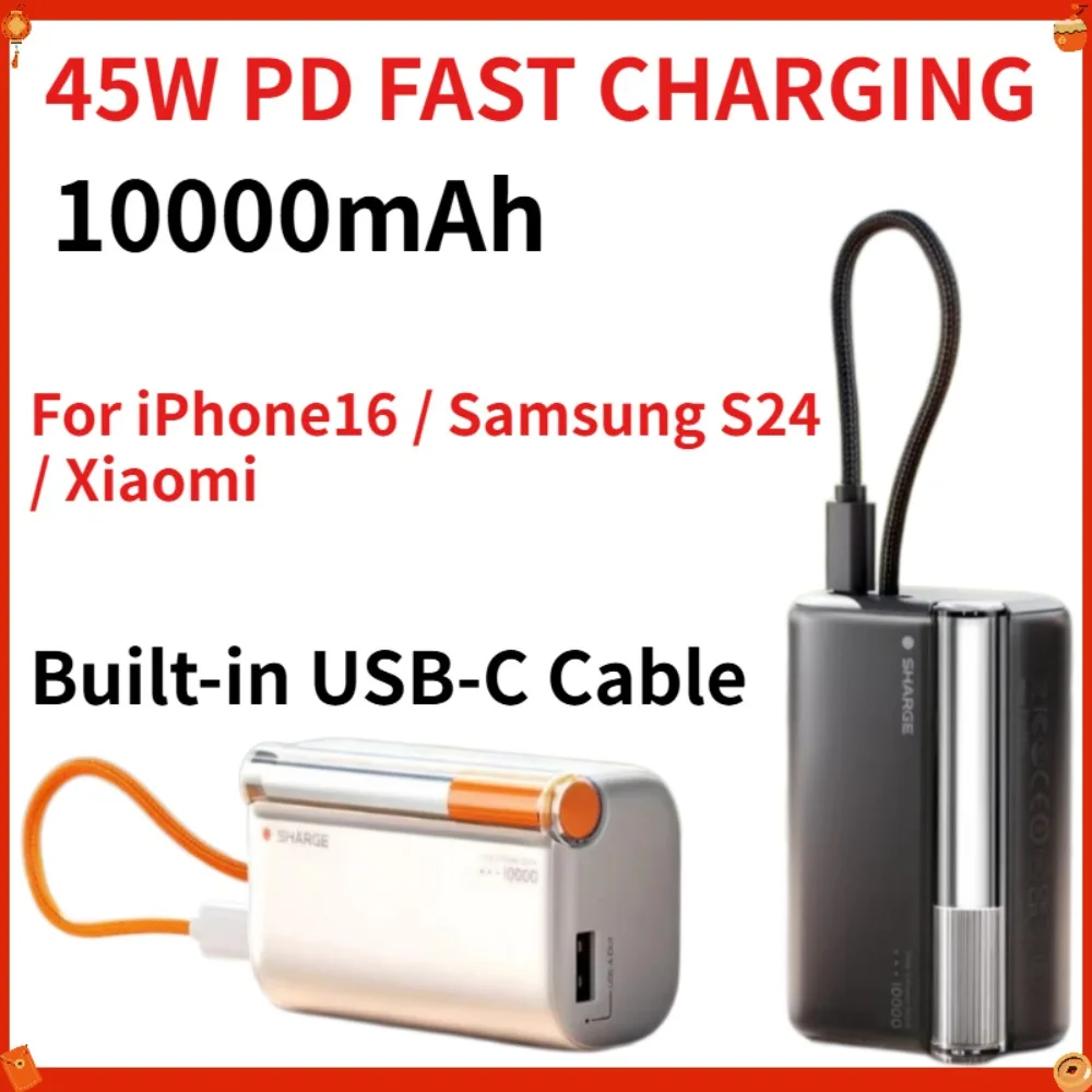 45W 10000mAh Power Bank Built-in Cable PD Fast Charging Portable USB-C Battery Pack for iPhone 16 Samsung S24 Xiaomi Laptop