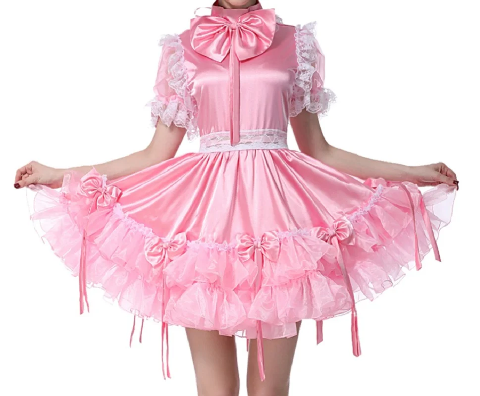 

Hot Selling Tassel Pendant Sissy Bow Girl Princess Satin Pink Dress Cross Skirt Fluffy Pastry Ball Sleeve Role-playing Maid