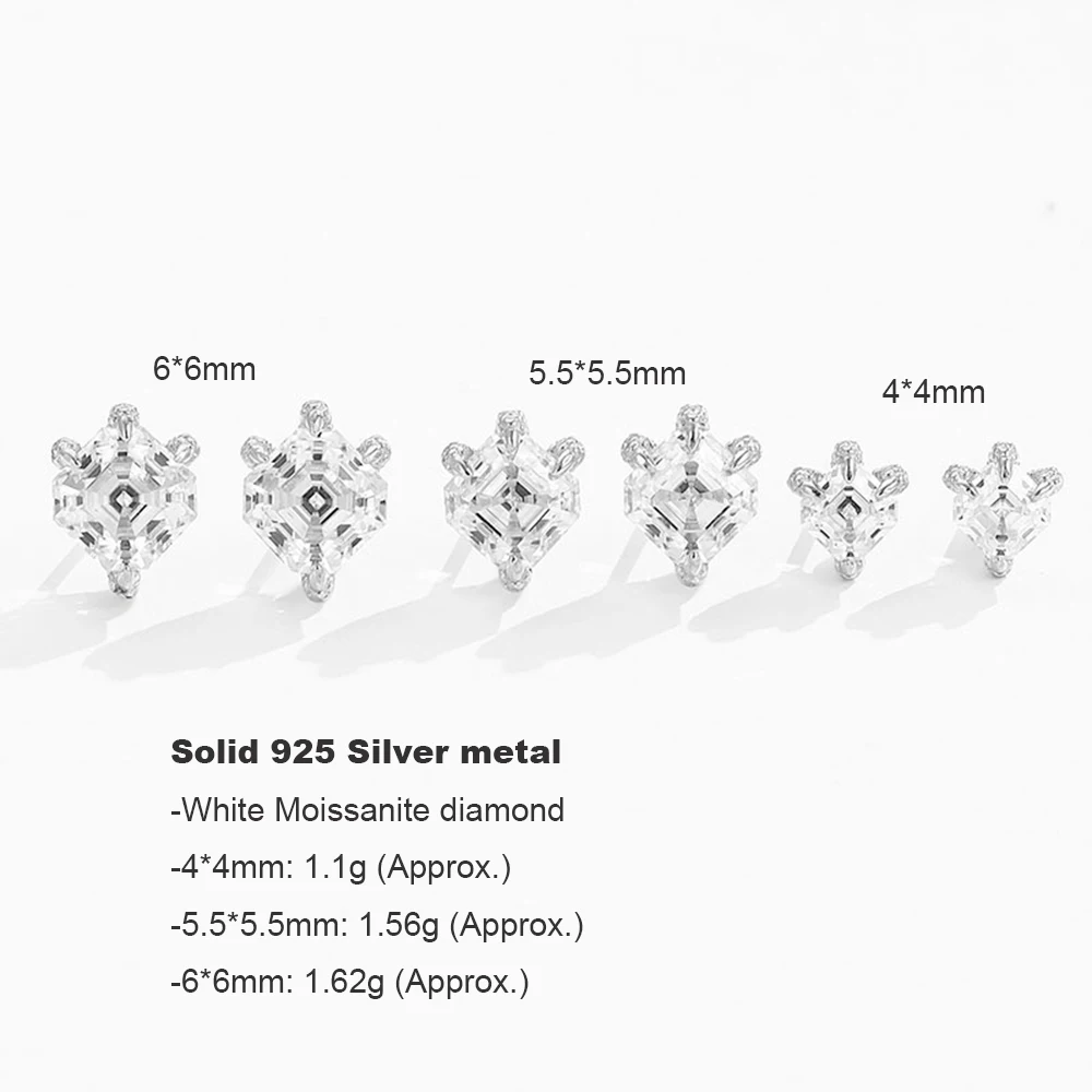 Solid 925 Silver Metal Fine Jewelry For Women/Men Real 4mm/5.5mm/6mm Square Moissanite Diamond Earrings Star Stud