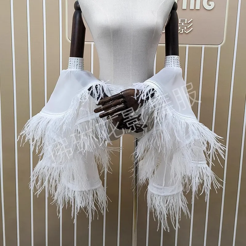 Ballroom Latin Dance Dress Hand-Floating Sleeves Tassel Modern Dance Accessories National Standard Ostrich Feather Arm Sleeves