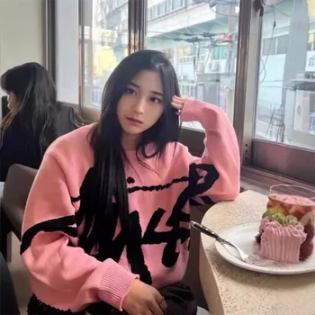여성용 모노그램 자카드 니트 크루넥 스웨터, 그래피티 풀오버, 긴팔 점퍼, 가을 여성 의류, 겨울