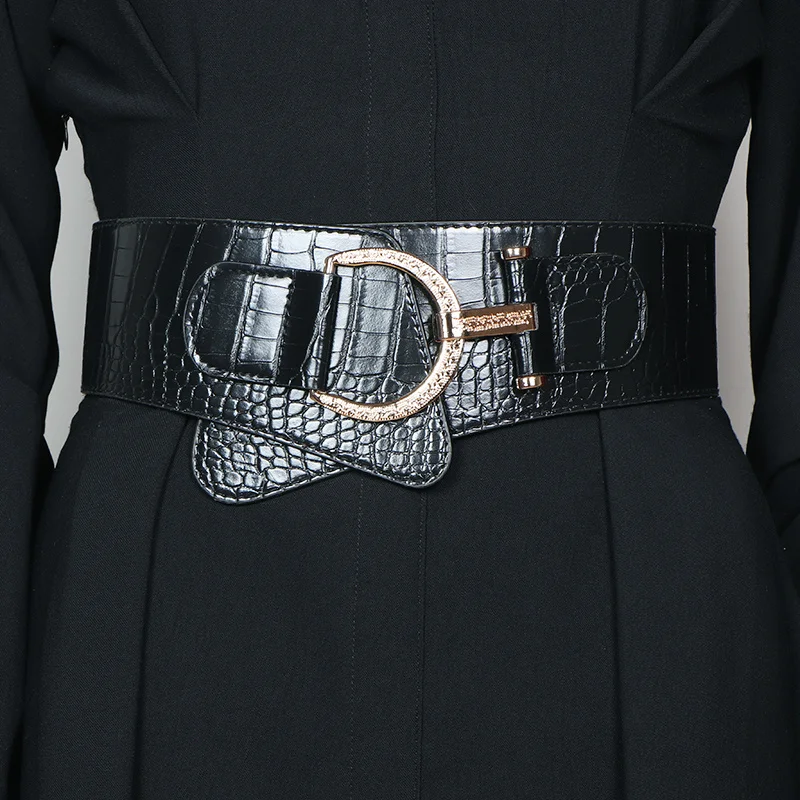 مشد خصر نسائي لخريف وشتاء 2025 - جلد تمساح أسود 80 سم، حزام عصري مرن، إبزيم على شكل حرف D فاخر للفستان والشركات #1