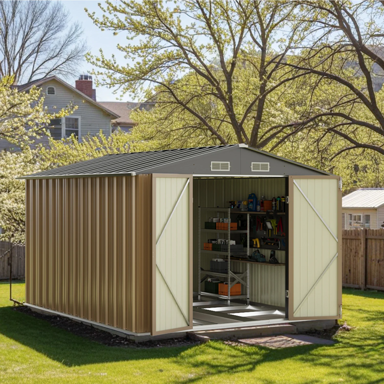 8x10 FT Large Outdoor Storage Shed Garden Metal Shed with Floor Frame