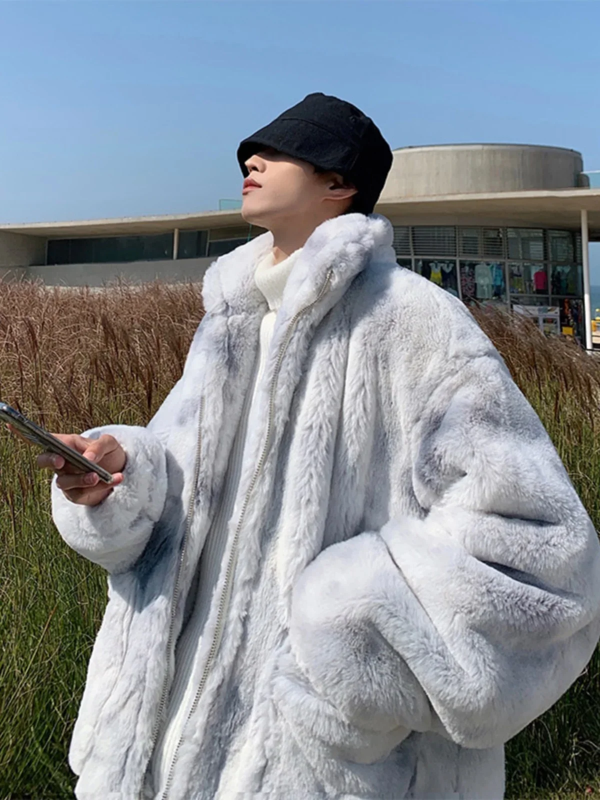 Tie-Dyed Lamb Wool Coat Zipped Stand Collar Fur Men's Thick Winter Fashion plus Size Coat Loose Casual All-Matching Jacket 1Pc