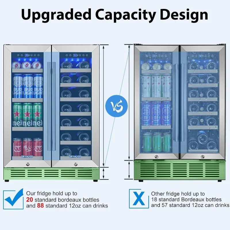 Wine&Beverage Refrigerator 24''Dual Zone Beverage Fridge Upgraded Cooling,Built-in Freestanding,20 Bottle 88 Cans Large Capacity