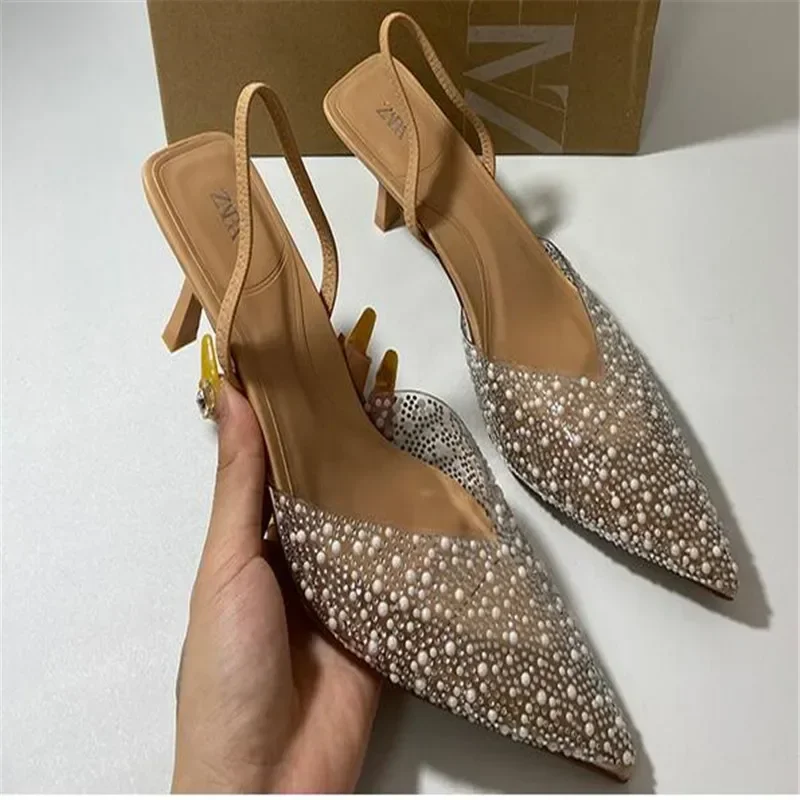 Fashion Summer Women High Heels Pearl Decoration Slingback Woman Pumps Pointed Toe High Heels Sandals Elegant Woman Shoes