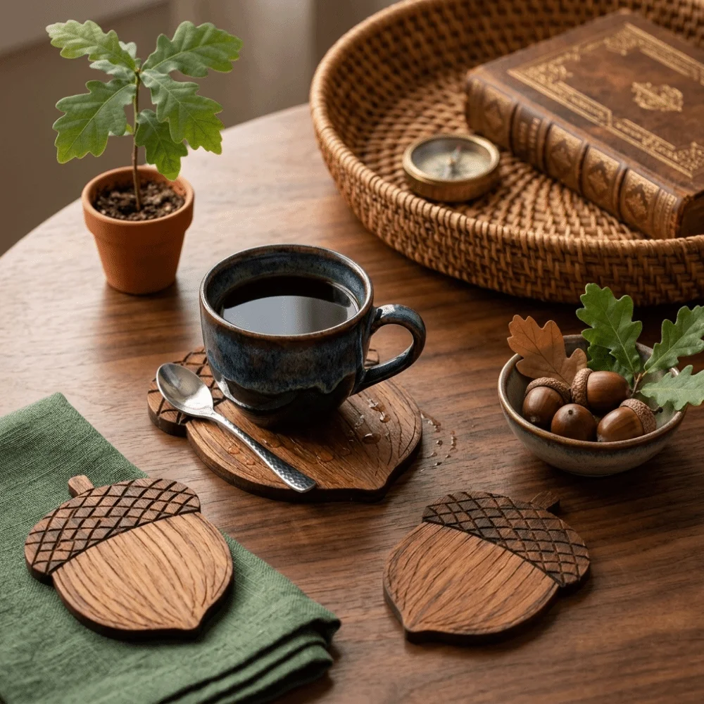 5PCS 2D Flat Acorn-Shaped Coasters Non-Slip Anti Scald Coffee Coasters Heat-Resistant Natural Insulation Pad Office