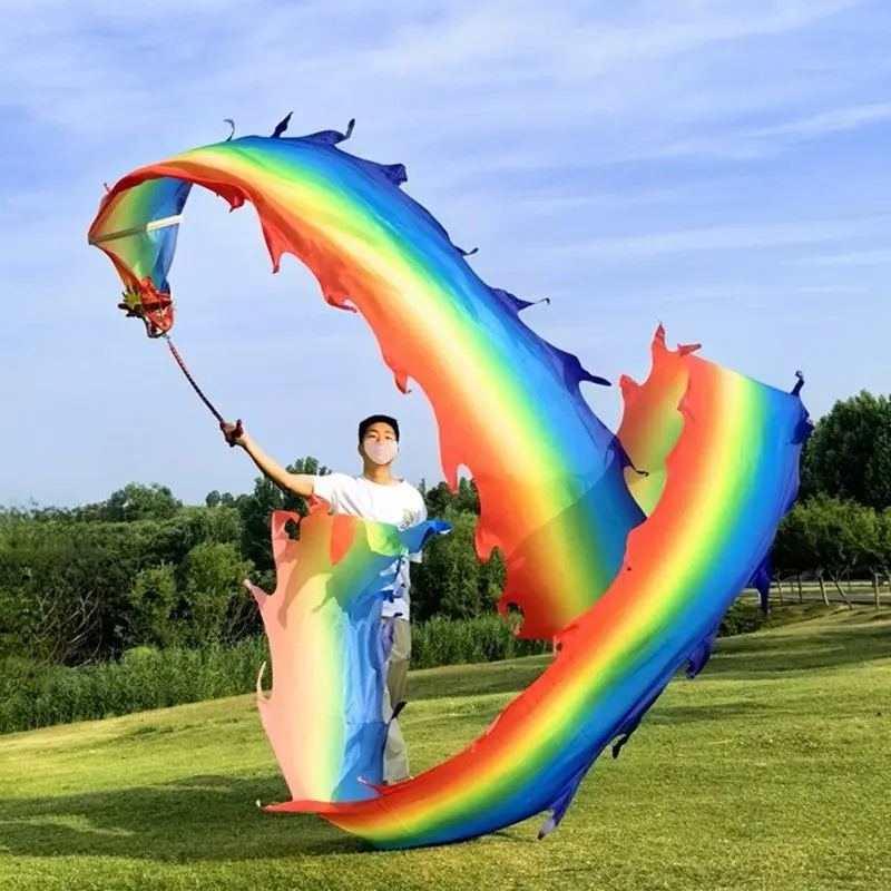 6/8 metri bellissimo drago da ballo con nastro colorato arcobaleno con testa festival performance regali di Capodanno per la danza all'aperto