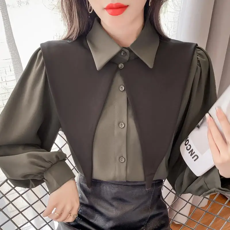 Fashion Lapel Spliced Puff Sleeve Shirt Women\'s Clothing 2023 Spring New Casual Tops Loose Office Lady Blouse