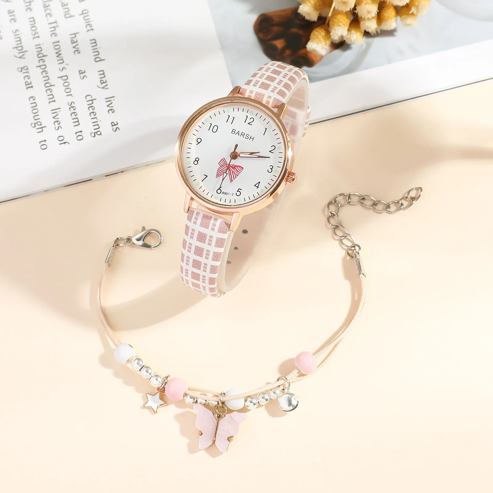 Children's Watch Set New Simple Cute Plaid Pattern Belt Quartz Watch Butterfly Bracelet Set Quartz Watches Kids Watch for Girl