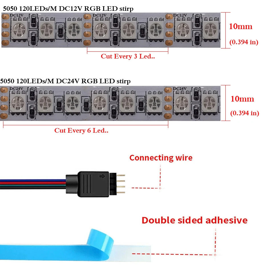 RGB Flexible LED Strip 10mm Width PCB DC12V 24V 120 LEDs/m 5050 Strip Non-Waterproof IP30 1M to 5M Length for Home Decor Lightin