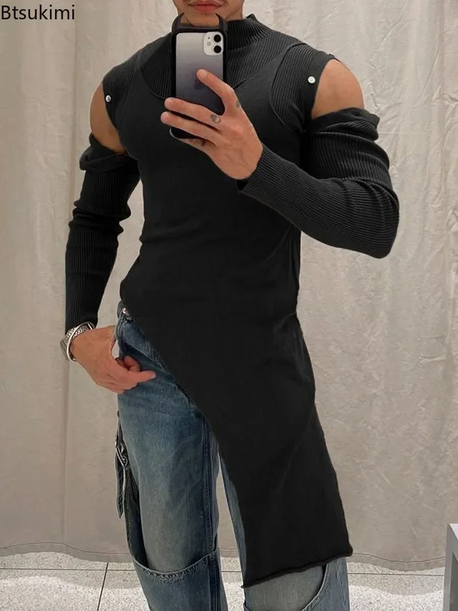 

New 2025 Men's Irregular Long Sleeve T-shirt Patchwork Off Shoulder Design Half Turtleneck Bottoming Tops Men Fashion Streetwear