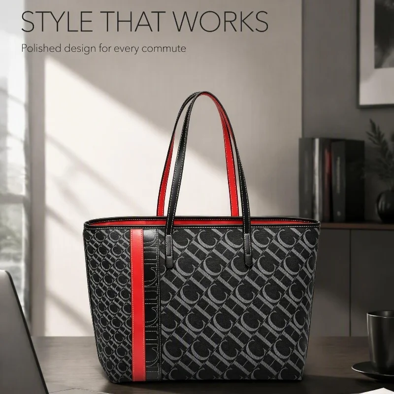 CHHC Women Monogram Print Tote Bag Faux Leather Contrast Stripe Splice Large Capacity Top Handle Shoulder Purse